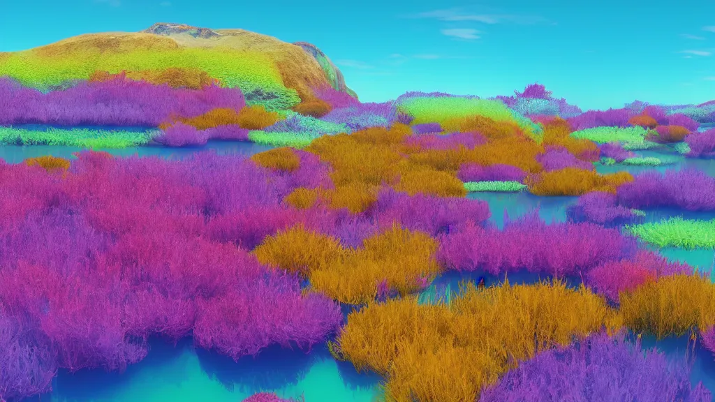 Prompt: digital illustration of a lake full of multi - colored megaflora ice plants by dr. seuss, reimagined by ilm and beeple : 1 | spectral color, electric color, rolling hills : 0. 9 | fantasy : 0. 9 | unreal engine, deviantart, artstation, hd, 8 k resolution : 0. 8