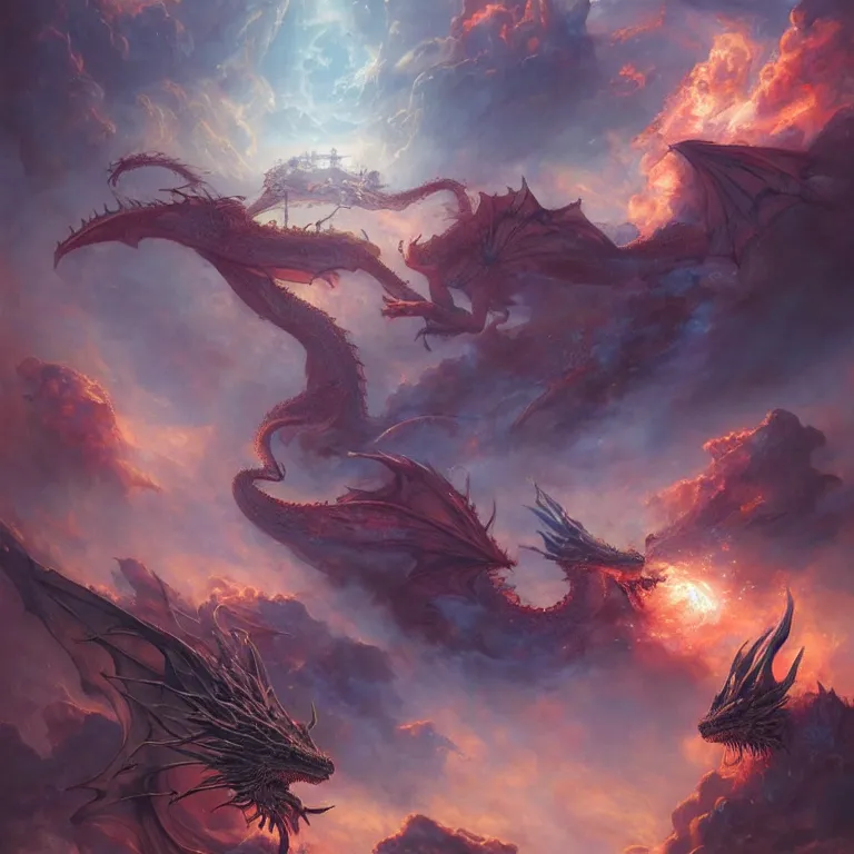 Image similar to dragon, fire, floating city on clouds, by wayne barlowe, peter mohrbacher, kelly mckernan, epic scene, 4 k, fantasy, colorful, environment, highly detailed, video game