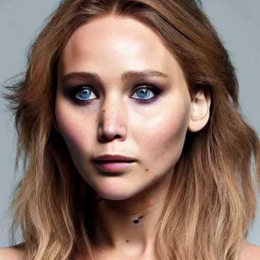 Prompt: a woman who is a genetic combination of jennifer lawrence and elizabeth olsen face and upper - body focus