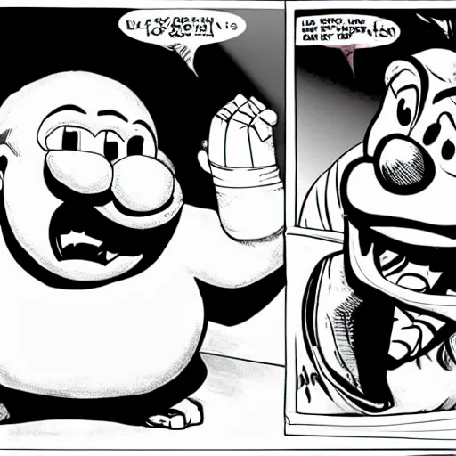 Image similar to ethan van sciver line art of kool aid man fighting waluigi