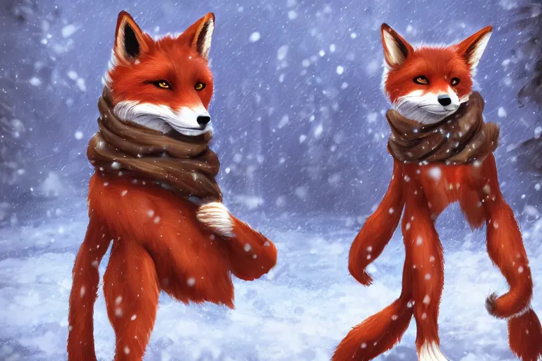 Image similar to a transhuman fox fursona wearing a scarf in the snow, trending on artstation, furry art