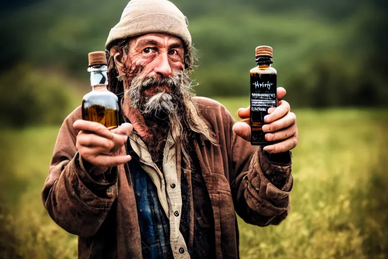 Prompt: dirty hobo holding a bottle of hawthorn tincture in his hands, professional shooting, model shooting, high quality, professional light,