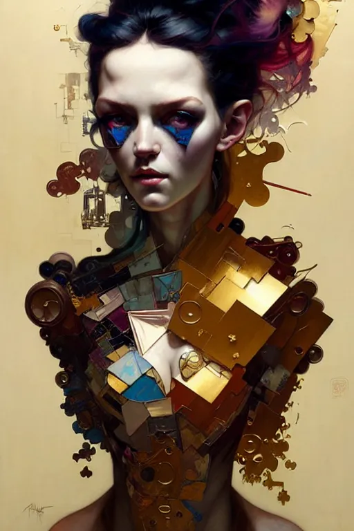 Image similar to portrait, patchwork doll, cyberpunk, elegant baroque, expressive, asymmetrical art, hyperrealism, colorful, vivid, imposing, epic, abstract texture, gold leaf texture, artstation, concept art, by peter mohrbacher and wlop and rhads and artgerm and magali villeneuve and alphonse mucha