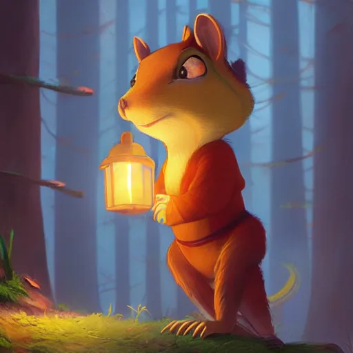 Prompt: concept art painting of an anthropomorphic chipmunk wearing a yellow cloak, holding a lantern, in the deep forest, realistic, detailed, cel shaded, in the style of makoto shinkai and greg rutkowski and james gurney