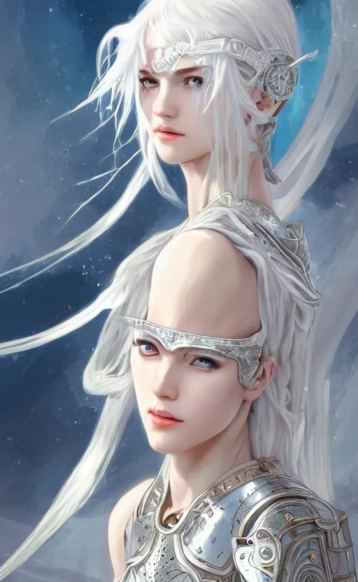 Image similar to portrait white hair knights of zodiac girl, sliver ice color reflected armor, in ruined agora of athens sunrise, ssci - fi and fantasy, intricate and very very beautiful and elegant, highly detailed, digital painting, artstation, concept art, smooth and sharp focus, illustration, art by tian zi and wlop and alphonse mucha