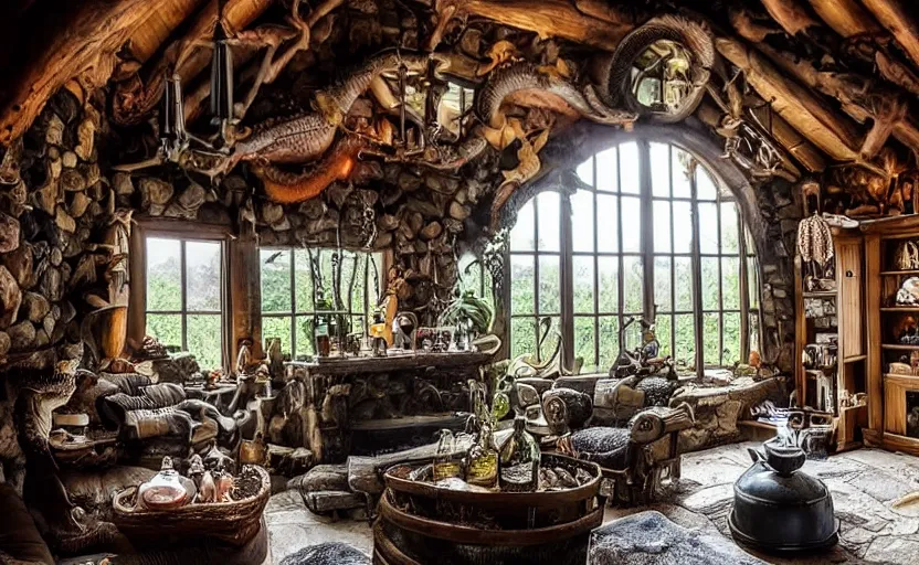 Image similar to cottage living room interior with a witch cauldron and bottles of potions and ingredients in jars, sunny, natural materials, rustic wood, window sill with plants, vines on the walls, dried herbs under the ceiling bookshelves, design. A giant dragon looking through the window. Fire. Gigantic dragon eye. Mordor