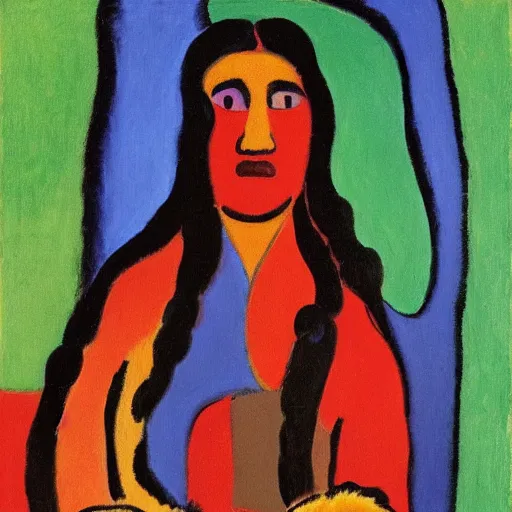 Prompt: painting of, young native american woman, full clothes on, in a jungle, by alexej von jawlensky