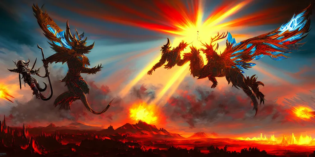 Image similar to guild wars 2, cinematic battlefield, god rays, digital art, high detail by tristan eaton