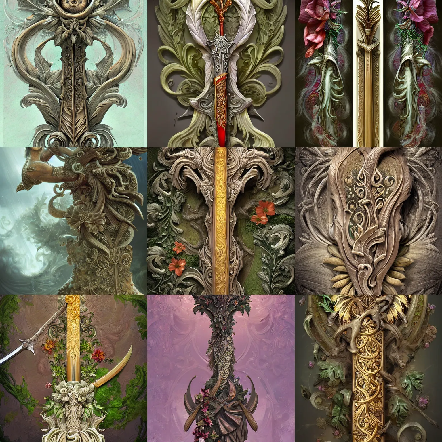 Prompt: beautiful fantasy giant sword carved with decorative ornament, acanthus scrolls, lilies, ivy, energy, geometry, bones, petals, stems, ceremonial clouds, dripping paint, fibonacci rhythm, artstation, artgerm, wlop