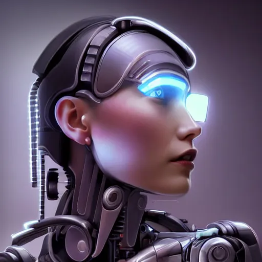 Image similar to Perfectly-Centered Half-body-Portrait of a Mechanical Cyberpunk Female Android, perfectly centered photograph, facing forward, stranding straight, intricate, elegant, super highly detailed, professional digital painting, artstation, concept art, smooth, sharp focus, no blur, no dof, extreme illustration, Unreal Engine 5, Photorealism, HD quality, 8k resolution, cinema 4d, 3D, beautiful, cinematic, art by artgerm and greg rutkowski and alphonse mucha and loish and WLOP