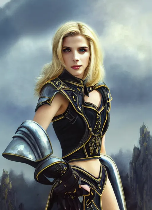 Prompt: portrait of a combination of Ashley Greene, Katheryn Winnick, Victoria Justice and Adriana Dxim, Grace Kelly, Emma Watson and Lily Collins with blonde hair wearing Paladin Armor from World of Warcraft, countryside, calm, fantasy character portrait, dynamic pose, above view, sunny day, thunder clouds in the sky, artwork by Jeremy Lipkin and Giuseppe Dangelico Pino and Michael Garmash and Rob Rey and Greg Manchess and Huang Guangjian, very coherent asymmetrical artwork, sharp edges, perfect face, simple form, 100mm