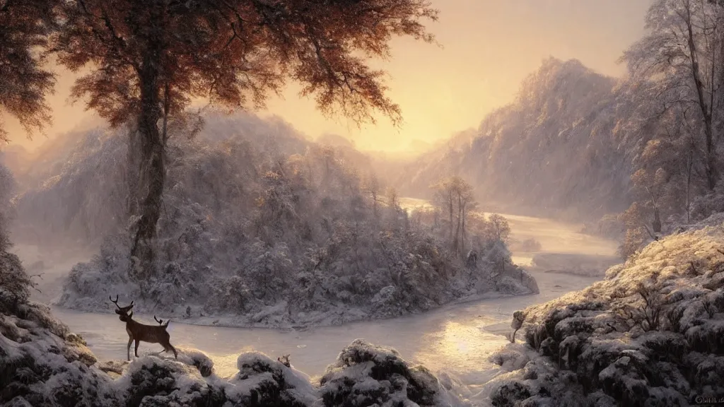Image similar to the most beautiful panoramic landscape, oil painting, where a giant dreamy waterfall and the river below are frozen, the trees around have snow over their leafs, a majestic deer is exhaling steam and the ray lights of the sunrise are brightening him, by greg rutkowski