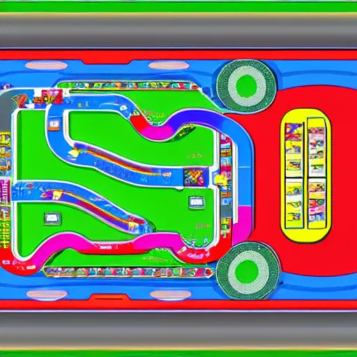 Image similar to top down view of Nintendo Mario kart double dash custom racetrack map. Wario Casino greedy capitalist video game track.