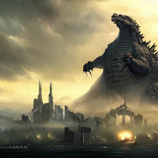 Prompt: godzilla, fantasy, greg rutkowski