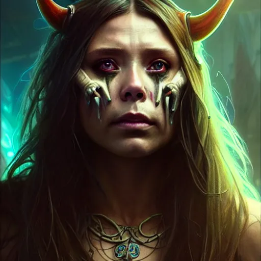 Image similar to portrait painting of a cyberpunk orc shaman extremely muscular ugly elizabeth olsen, ultra realistic, concept art, intricate details, eerie, highly detailed, photorealistic, octane render, 8 k, unreal engine. art by artgerm and greg rutkowski and charlie bowater and magali villeneuve and alphonse mucha