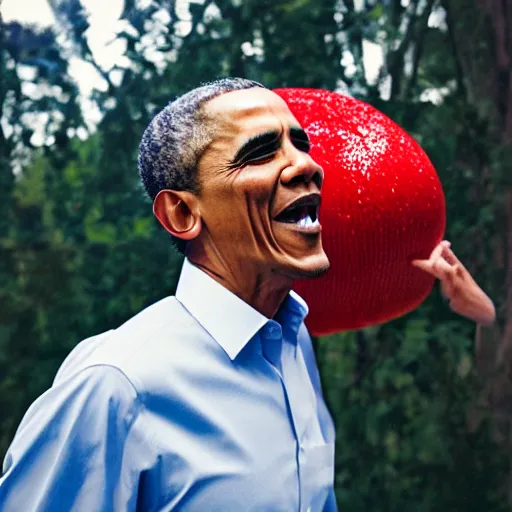 Image similar to portrait photo of Obama finding a giant red mushroom, exhilarated, portrait, closeup. mouth open, 30mm, bokeh