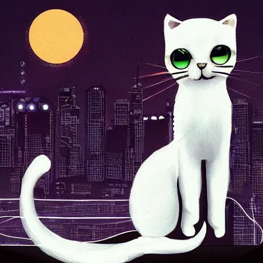 Image similar to a cute white cat art, epic cyberpunk art