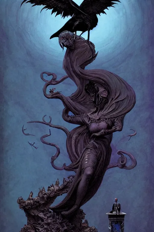 Prompt: raven perched on a bust of beautiful woman in a dark gothic room gothic, full frame, by wayne barlowe, peter mohrbacher, kelly mckernan, james o barr, 8 k, dark fantasy