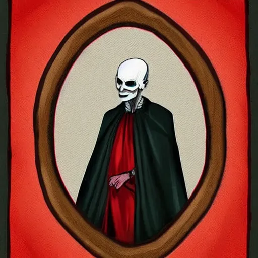 Image similar to d & d painting portrait necromancer man with bald head, red sunken eyes, pallid skin, long flowing black and red robes. fingers are bony and long