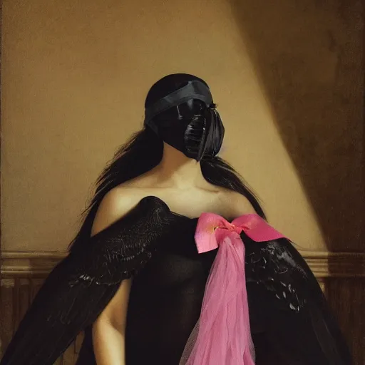 Prompt: a woman with wrapped in pink tulle and eyes covered by a blindfold with black crow wings