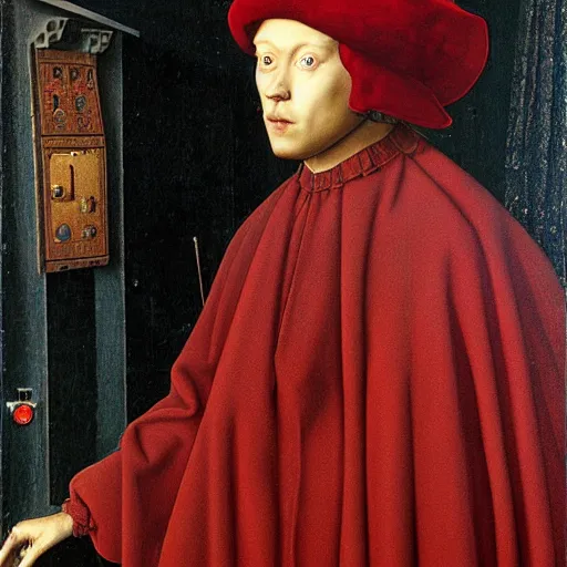 Image similar to a portrait of a person jacked into their cyberdeck by Jan van Eyck