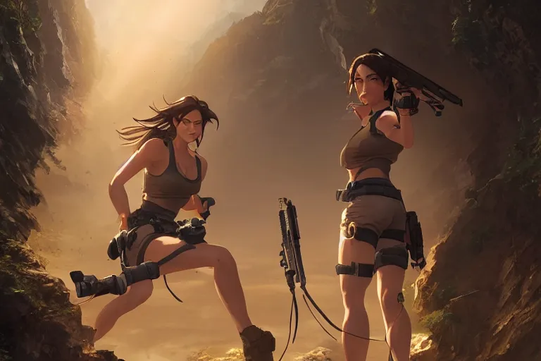 Image similar to lara croft, single subject, scenic full shot, ambient lighting, detailed face, by makoto shinkai, stanley artgerm lau, wlop, rossdraws