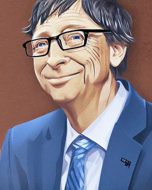 Prompt: Digital state-sponsored anime art of Bill Gates by A-1 studios, serious expression, empty warehouse background, highly detailed, spotlight
