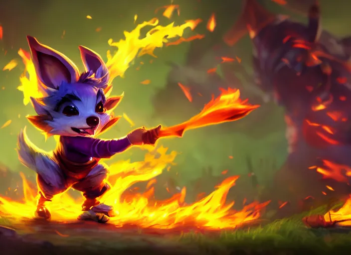 Prompt: champion splashart of yordle made out of fire