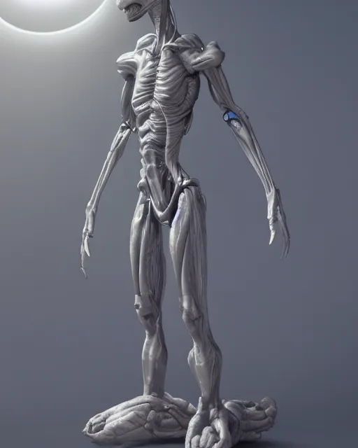 Image similar to Tall grey alien creature, dramatic lighting, very detailed, electrical details, high details, 4k, 8k, trending on artstation, by Hajime Sorayama and Paolo Eleuteri Serpieri