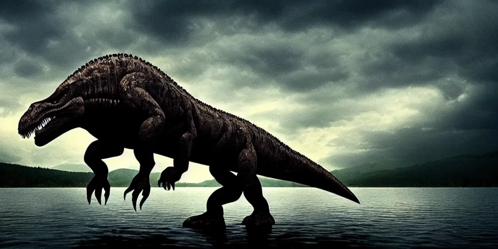 Prompt: amazing prehistoric landscape photo of tyrannosaurus standing on the lake, beautiful dramatic lighting