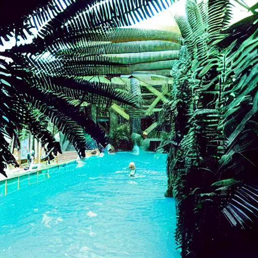 Image similar to inside waterpark with ferns and palm trees, liminal, photo from the 80s, found footage, wideangle,