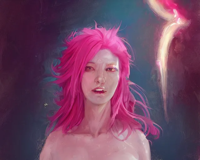 Prompt: Lady with pink hair known as Centrentropy, a woman of chaos and entropy, by Krenz Cushart, discord taken from life, cynicalism of the ninth dimension, splitting mass into a transferance of light, background of a neon dimension rift of vivid reality, HD, illustration trending on artstation
