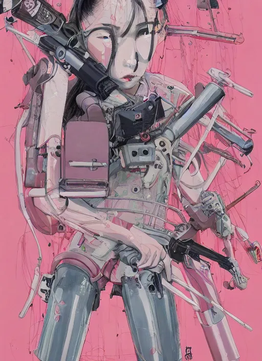 Image similar to Artwork by James Jean, Phil noto and hiyao Miyazaki ; (1) a young Japanese future samurai police lady named Yoshimi battles an (1) enormous evil natured carnivorous pink robot on the streets of Tokyo; Japanese shops and neon signage; crowds of people running; Art work by hiyao Miyazaki, Phil noto and James Jean