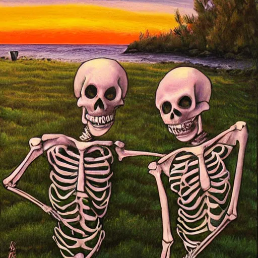 Prompt: skeleton wedding, sunset, cheerful, painting