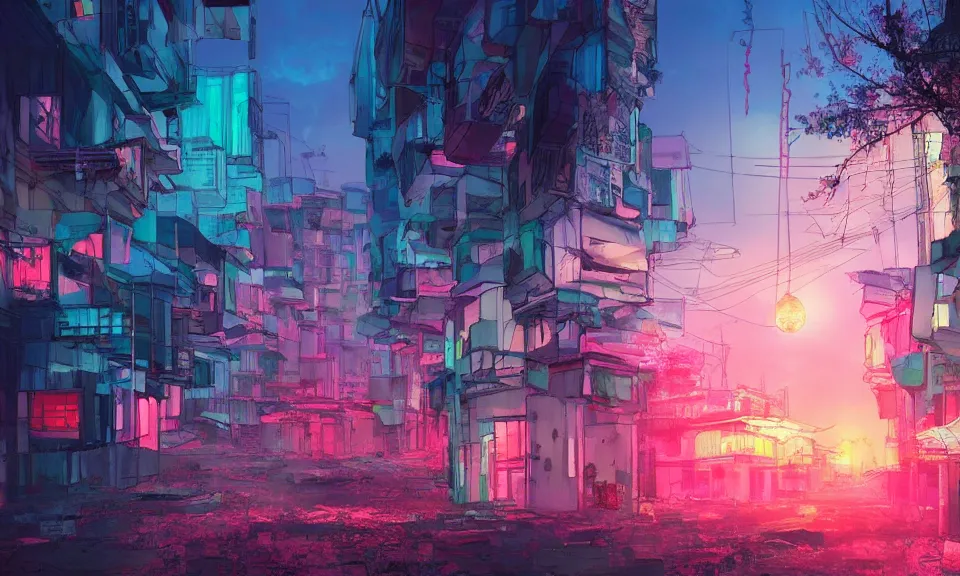 Image similar to a colorful glowing abandoned japanese city, sunset, moist, pastel, artstation, digital art.