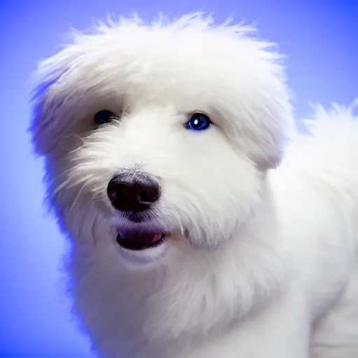 Image similar to a high quality photo of a white fluffy dog wearing a blue cap,photorealistic,hyperdetailed,focus,dept of field,professional photography,professional lighting,studio photo,studio lighting,detailed face