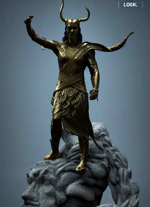 Image similar to stoic statue of loki, aesthetic, naturel, hyper detailed, digital sculpture, trending in artstation, cinematic lighting, studio quality, smooth render, unreal engine 5 rendered, octane rendered