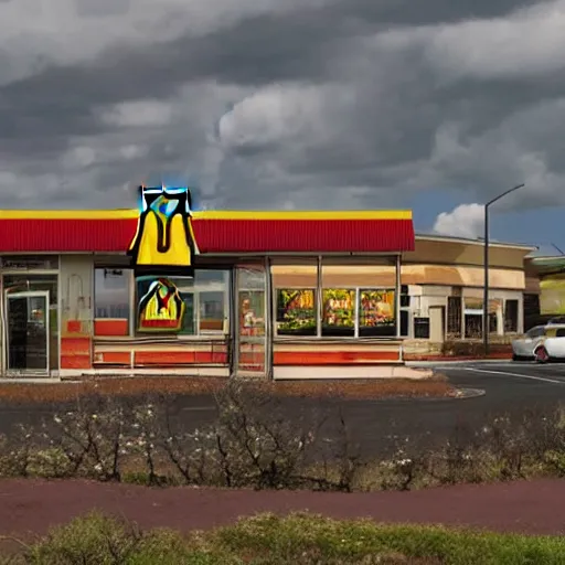 Image similar to the endless end beyond all ends, ultimate beauty defying comprehension, a field of broken time quivering in darkness, mcdonalds is all that remains in this wretched wasteland