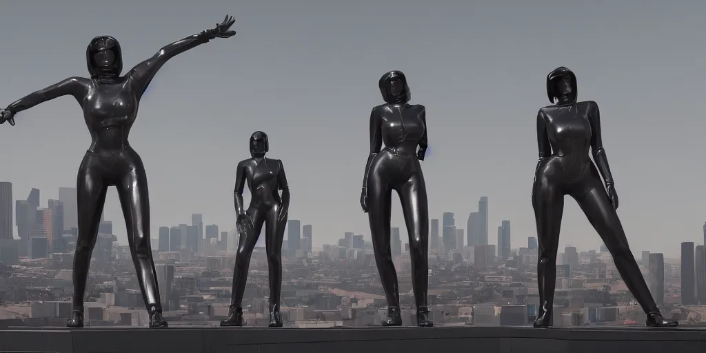 Prompt: cinematic wide angle view of a dystopian kylie jenner statue in the middle of los angeles being worshipped by shadow figures, orwellian, by neil blevins, high detail, digital art, pop art style, death stranding art style, cinematic lighting, artstation, cgsociety, unreal engine 5 render, octane render, 3 5 mm film grain