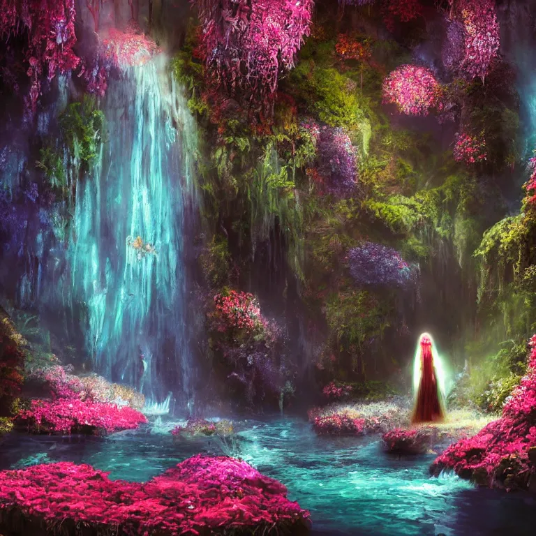 Prompt: oil painting, rich deep colors masterpiece, waterfall, night lights, gray, pink, ultra detailed, beautiful fantasy cave scene, waitomo glowworm caves, contrast, neon drops, neon stones, alone redheaded flower girl and dress made of fresh flowers, volumetric light, atmospheric lighting, dramatic, cinematic, moody, octane render 4 k, 8 k