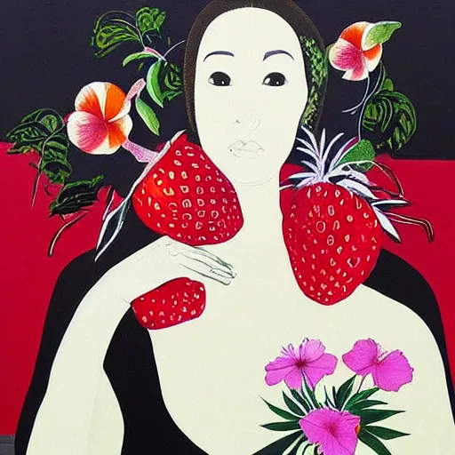 Image similar to “art in an Australian artist’s apartment, portrait of a woman wearing black silk cloth, eating luscious fresh raspberries and strawberries and blueberries, white wax, edible flowers, Japanese pottery, Australian native flowers ikebana, black walls, acrylic and spray paint and oilstick on canvas”