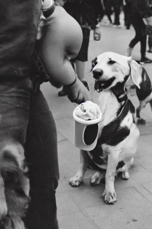 Prompt: Street photography of a dog licking an icecream, polaroid