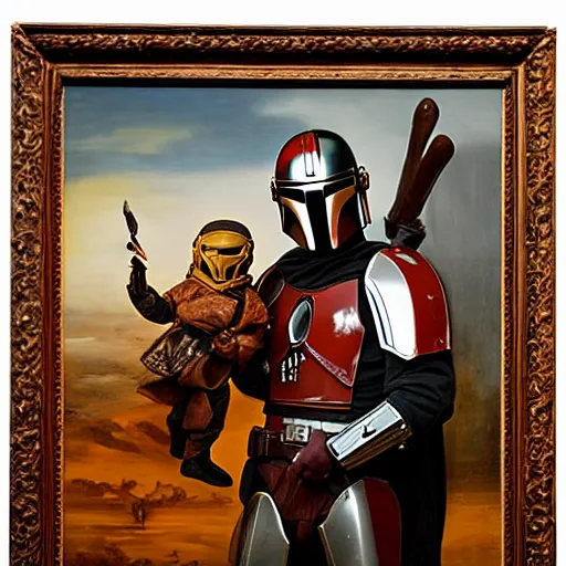 Prompt: renaissance oil painting of the mandalorian and baby grogu, renaissance oil painting, sharp focus, high contrast studio lighting