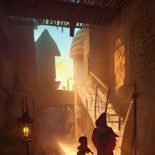 Image similar to A Kajiit sneaking through an egyptian village by night, DnD character, unreal engine, octane render, dramatic lighting, digital art, by Stanley Artgerm Lau, greg rutkowski, thomas kindkade, alphonse mucha, loish, norman Rockwell