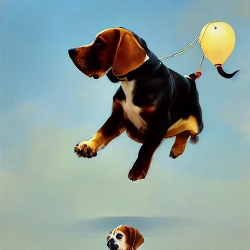 Prompt: a beagle dog flying on a balloon, digital painting, smooth, elegant, hd, art by wlop and artgerm and greg rutkowski and alphonse mucha