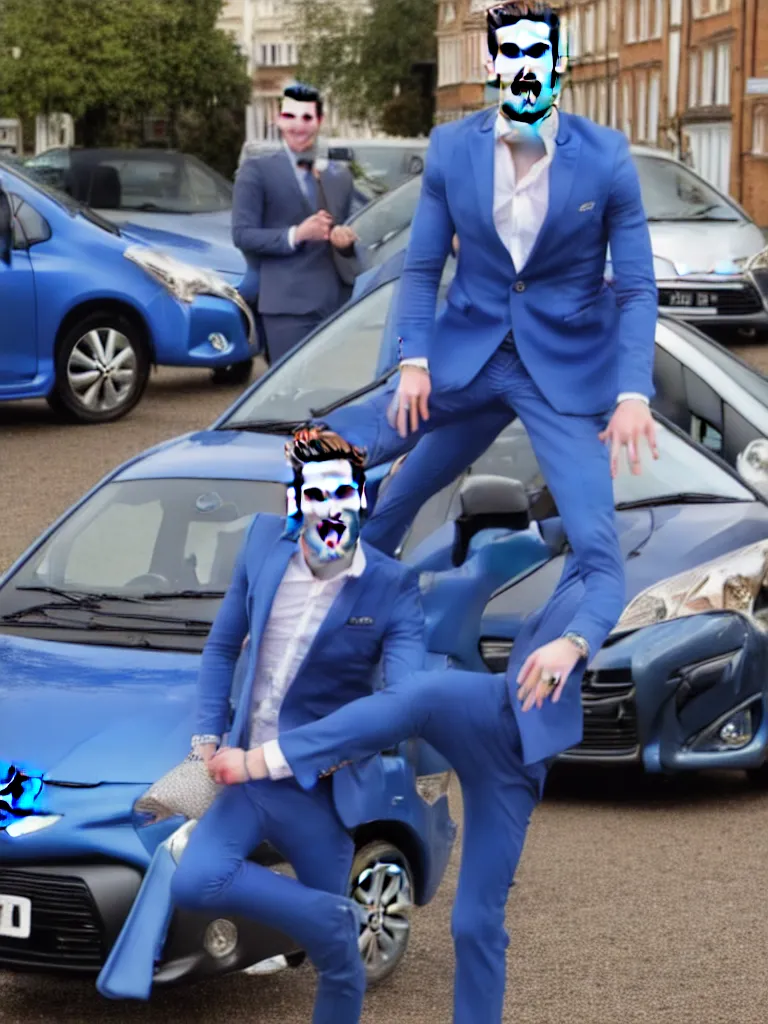 Image similar to !dream Sir Kier Starmer wearing a blue suit jumping on top of a toyota yaris