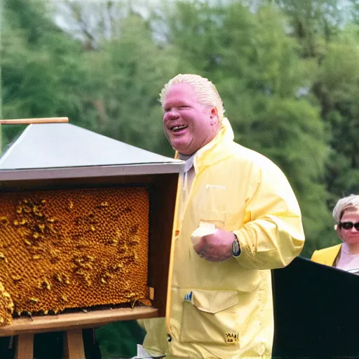 Image similar to doug ford giving a speech wearing beekeepers outfit cinestill, 8 0 0 t, 3 5 mm, full - hd