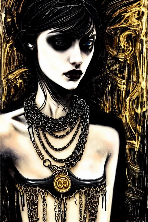 Image similar to dreamy gothic girl, black leather slim clothes, chains and raw gold, detailed acrylic, grunge, intricate complexity, by dan mumford and by alberto giacometti, peter lindbergh