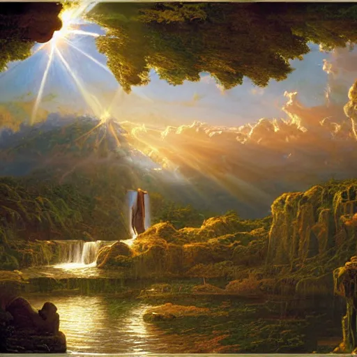 Image similar to realistic detailed view of heaven by terance james bond, russell chatham, greg olsen, thomas cole, james e reynolds, photorealistic, fairytale, art nouveau, white light, gold color, illustration, concept design, storybook layout, story board format