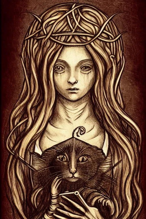 Prompt: da vinci illustration of romantic girl, her cat and her book of necronomicon, symmetrical, cinematic, sharp focus, 4 k, ultra hd, sense of awe, sinister demonic atmosphere, dreadful, forbidden knowledge, old gods, cthulhu, yog - sothoth! yah, yah, yah! cultist journal cover